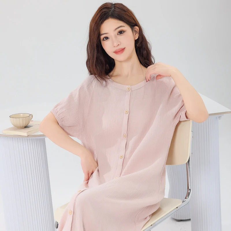 Spring Summer Women's Cardigan Nightgown Japanese Crepe Cotton Minimalist Home Wear Pajamas Lady Short Sleeves O-Neck Nightdress