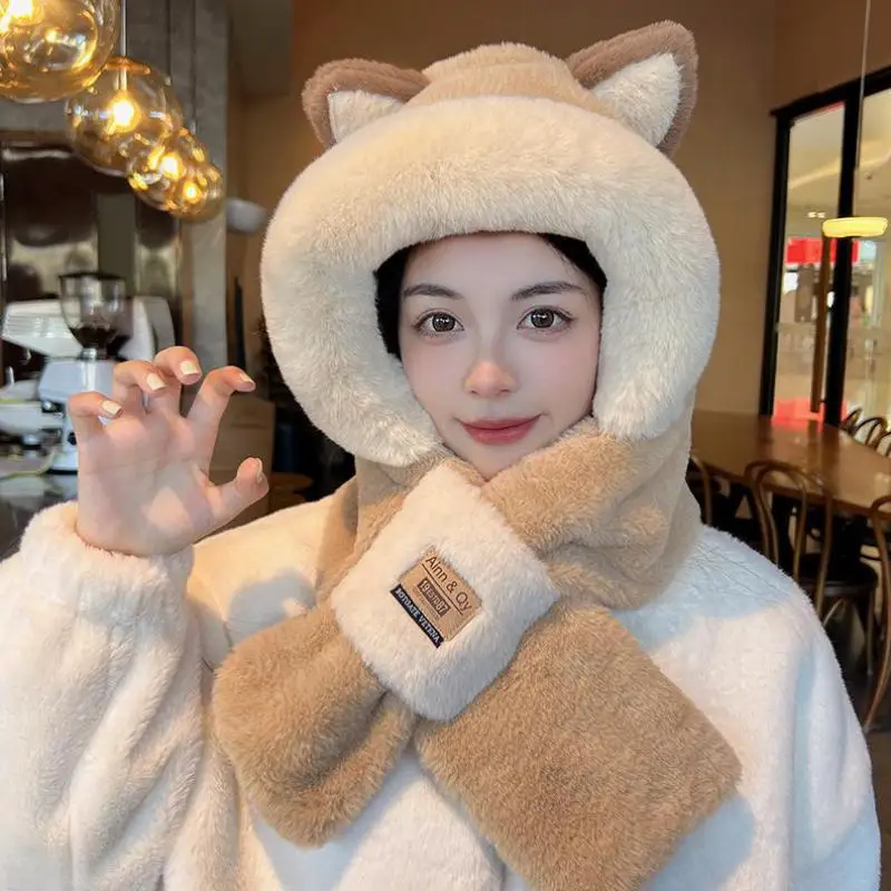 

Women Girls Winter Beanies 2in1 Hat Scarf Set Cartoon Cute Fox Thickened Warm Hooded Scarves Plush Hoodie Earflap Hats Ouutdoor