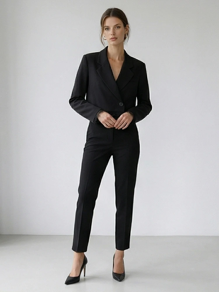 DUOPERI Women Fashion Black Lace Hem Single Button Cropped Blazer Vintage Long Sleeves Notched Neck Female Chic Lady Outfits