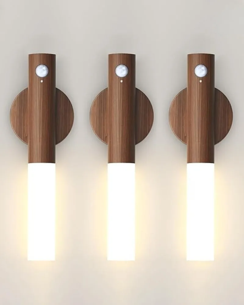 Motion Sensor Light Rechargeable Magnetic Night Lights Wooden Wall Decor for Stairways Hallways Bedrooms and Picture Lighting