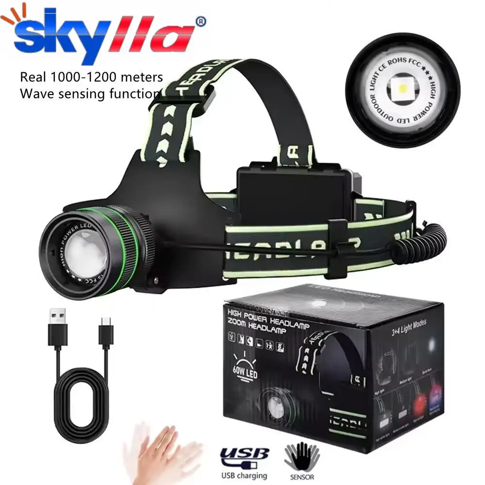 High Power LED Headlamp Spotlight Long Range Headlight Type-C USB Rechargeable Wave Hand Induction Head Flashlight For Camping