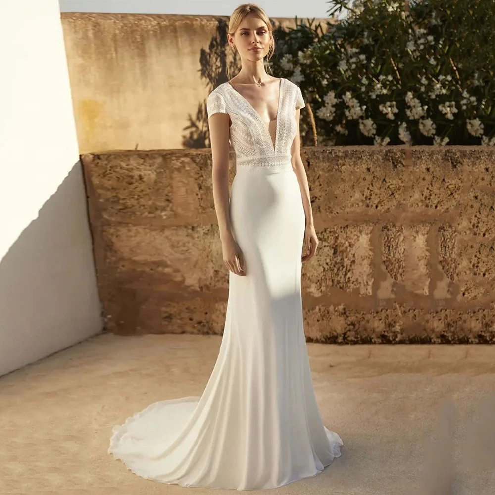 

Bohemian Lace Short Sleeves Chiffon Wedding Dress Sexy Deep V-Neck Court Train Mermaid Bridal Gowns Customized Vestidos De Novia