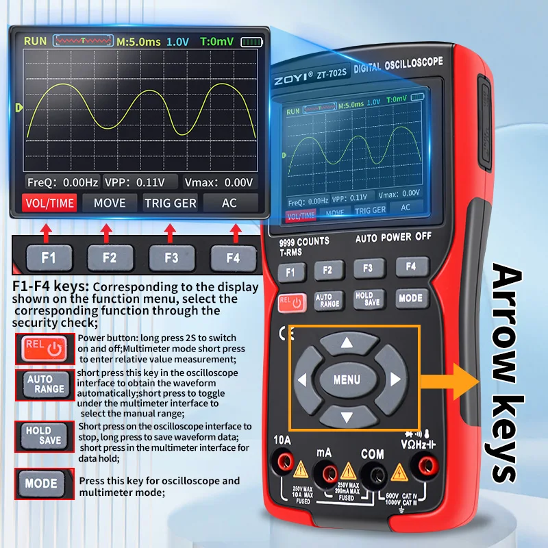 Imagem -04 - Zoyi-multímetro Digital Auto True Rms Sonda Transistor Multímetro pc Waveform Osciloscópio de Armazenamento de Dados Zt702s 48 m s 10mhz
