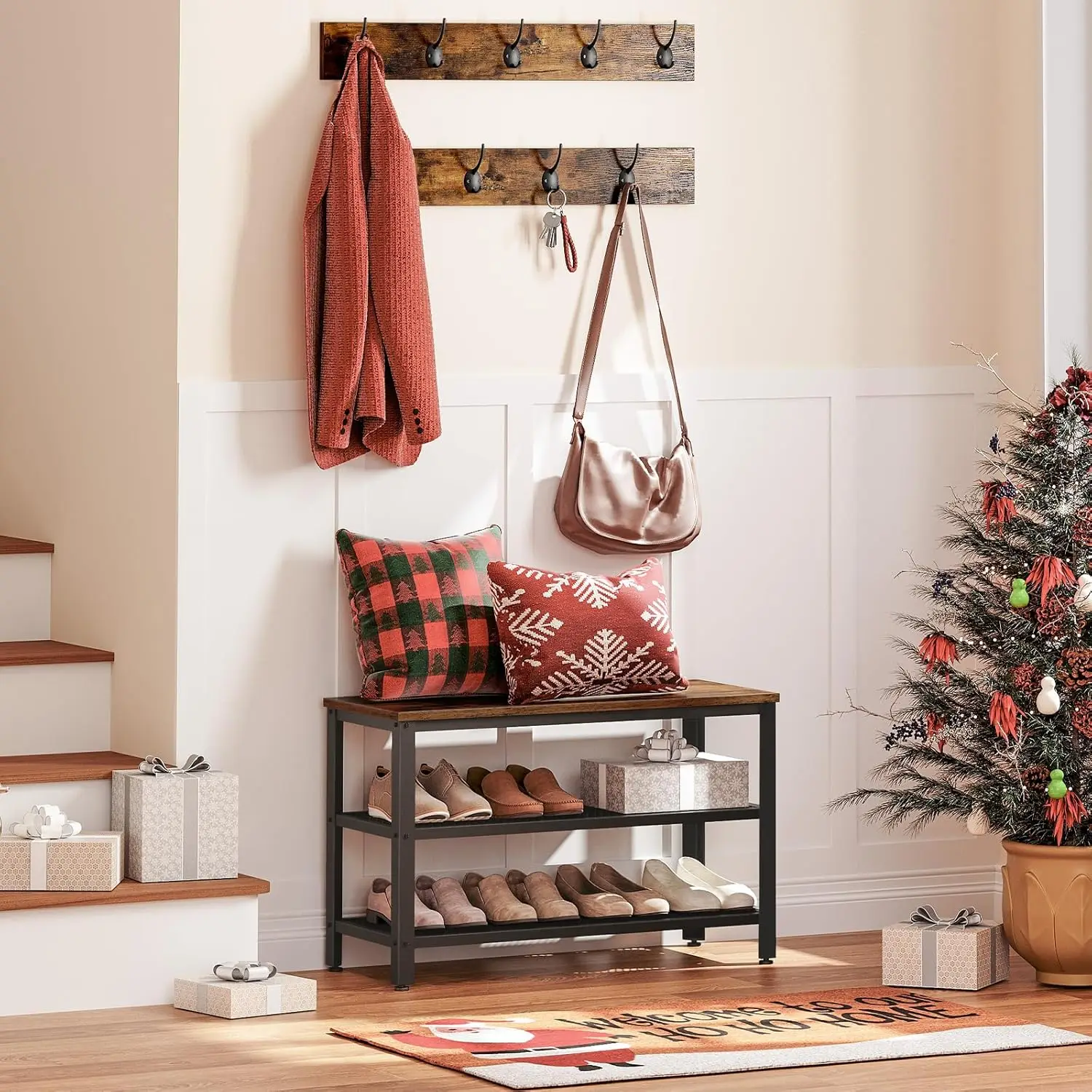 Industrial Hall Tree with Bench, Coat Rack Shoe Storage Set for Entryway, Rustic Brown