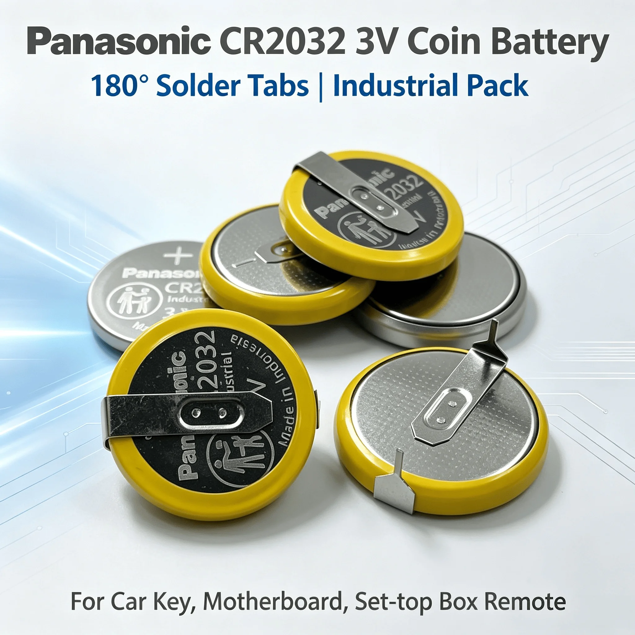 Panasonic CR2032 3V Coin Battery 180° Solder Tabs CR2032L/BN Industrial Pack For Car Key, Motherboard, Set-top Box Remote