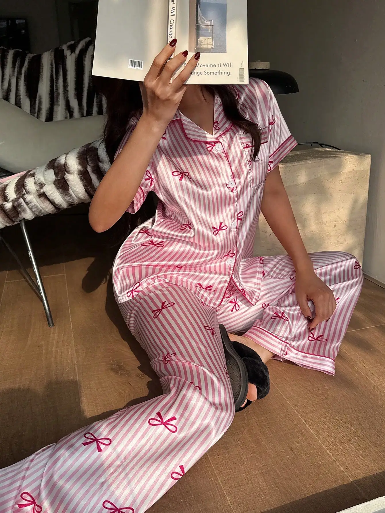Women Pink Satin Striped Bow Print Pajama Set Short Sleeve Lapel Sleepwear Long Pants Casual Summer Pajamas Luxury Pajamas Set