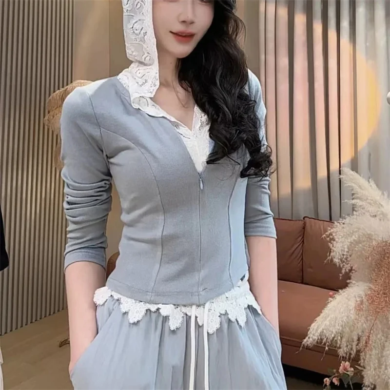 

Fashion Fake Two-Piece Hoodie Sweatshirt For Women 2025 Spring Autumn Patchwork Lace Hooded Base Shirt Black Gray Pink Hoodie