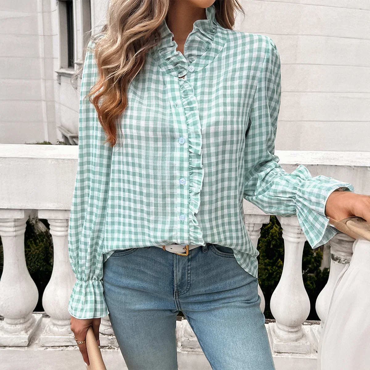 

Women Spring Plaid Shirt Fashion Long Lotus Leaf Sleeves Button-down Ruffles V Neck Elegant Blouse Fall Tops For Casual Daily