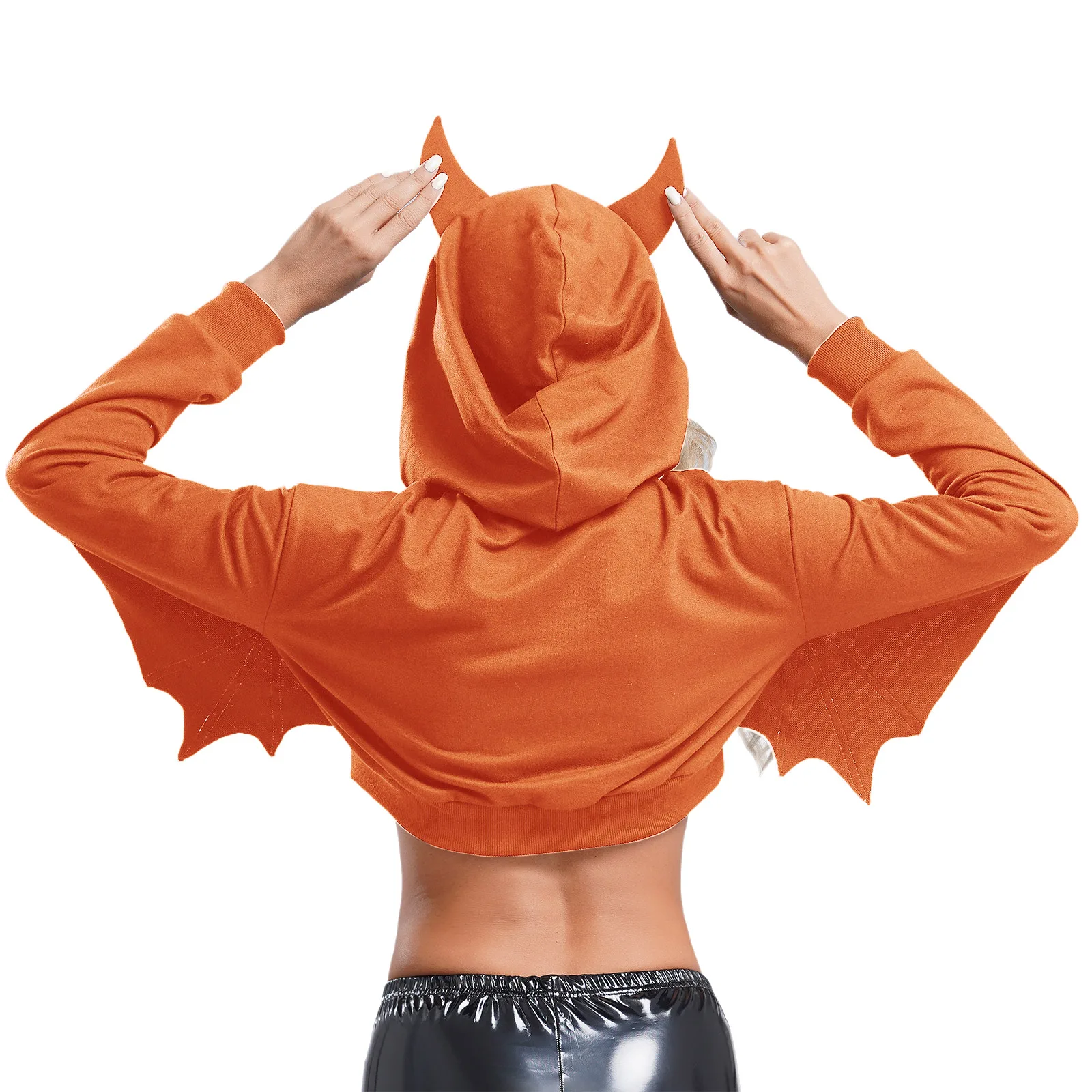 Womens Halloween Costume Black Batwing Hooded Sweatshirt Drawstring Hood Long Sleeve Stylish Print Crop Top Outerwear Streetwear