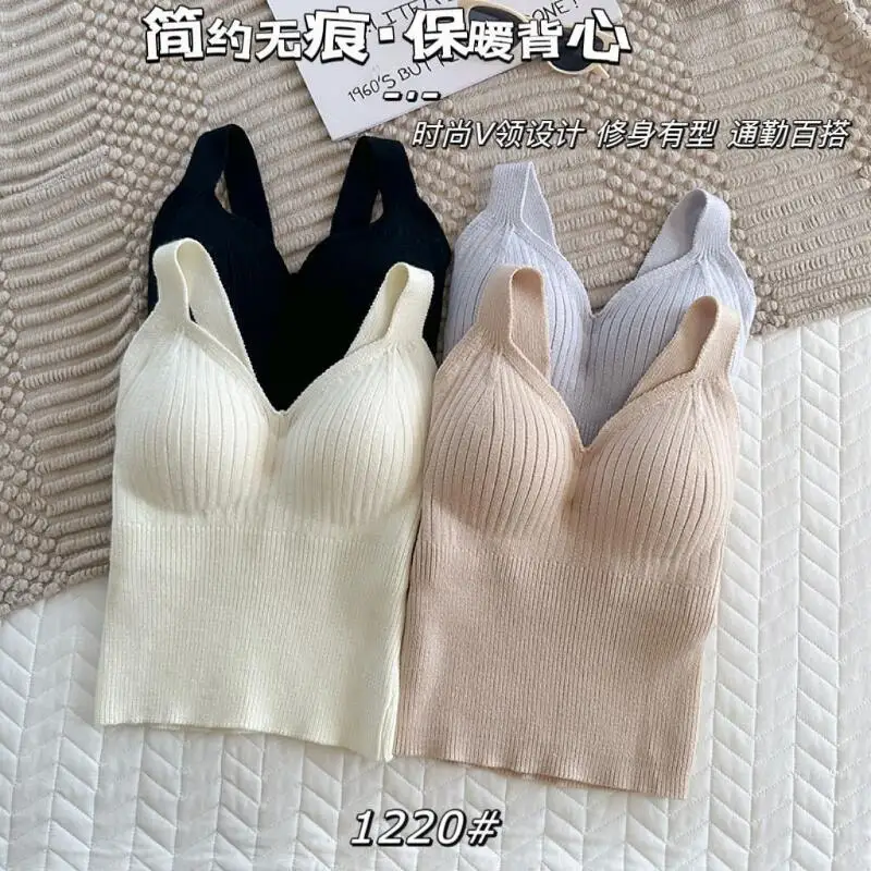 가을겨울 여성용 새로운 따뜻한 내부 패딩 비표시형 밀착형 탱크탑 두꺼운 니트 조끼