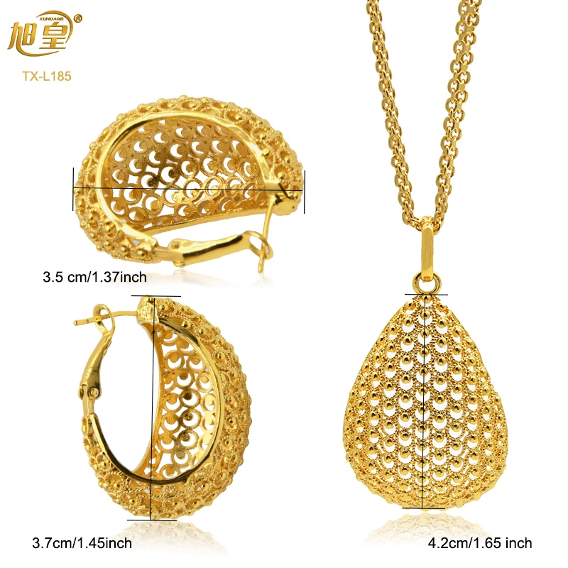 XUHUANG Dubai 24K Gold Color Copper Jewelry Set For Women Indian Two Piece Jewelry Round Geometry Necklace Earrings Set Gifts