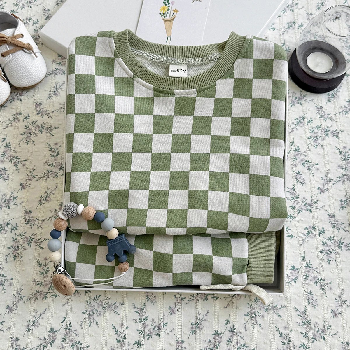 Spring Autumn Baby Avocado Green Checkerboard 2PCS Set, Crew Sweatshirt Drawstring Jogger Unisex Toddler Casual Outfit