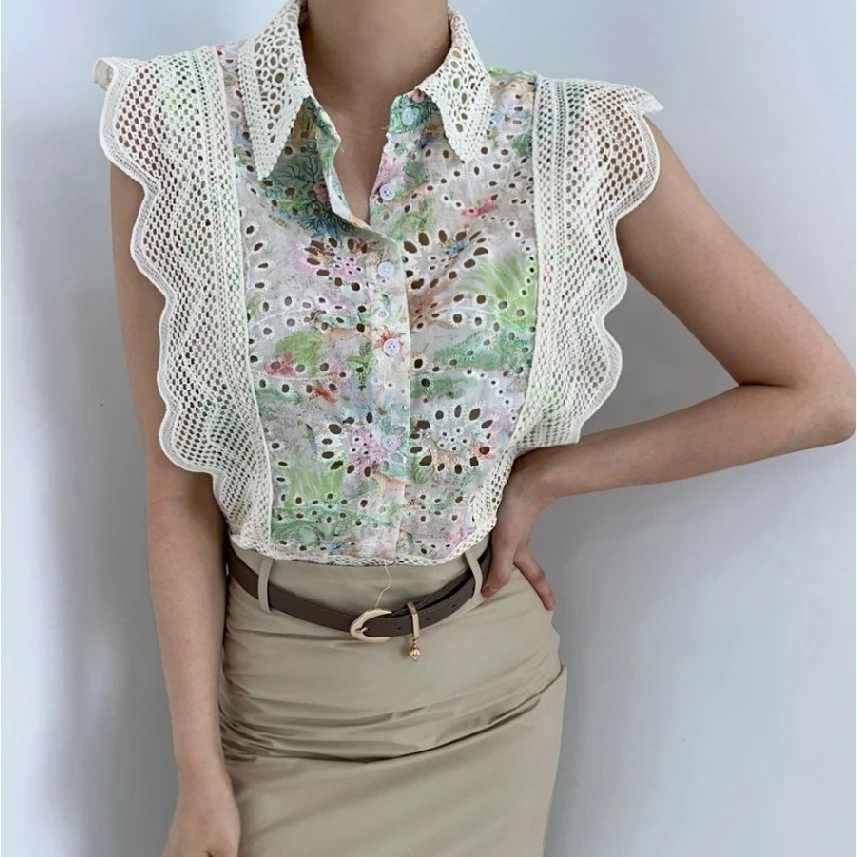 

Retro Collar Lace Trim Splice irt Women's Svel Hollow out Painting Flower Pattern Trendy Ne Regular Fit Cotton