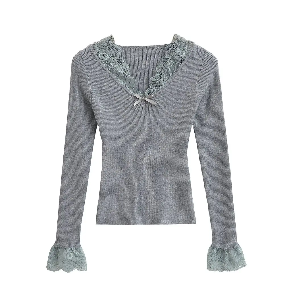 

Women's Pure Desire Lace Stitching V-neck Knitted Sweater Slim-fit Elegant Base Top for Casual Wear