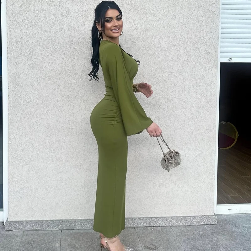 HXAO Green Midi Dresses 2025 Woman Summer Cut Out Party Dresses One Shoulder Long Sleeve Long Dress Women Sexy Prom Dress 088