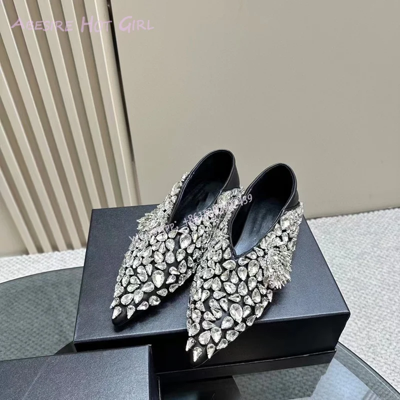 Light Yellow Satin Crystal Beads Flat Shoes Women Spring Mules Pointed Black Satin Slippers Jewelry Sequins Luxury Pump Sandals