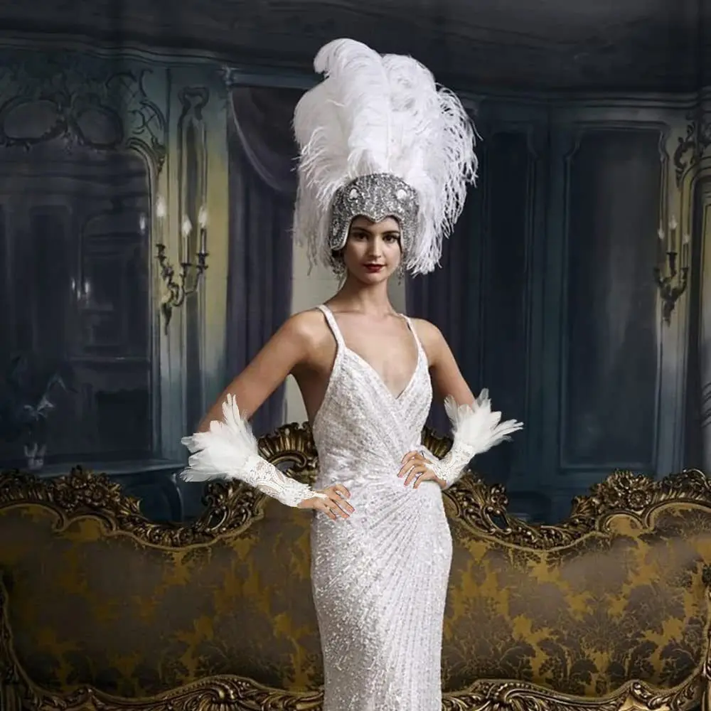 1PC Lace Feather Long Gloves Embroidery Wrist Cuffs Gothic Mesh Sleeve White Black Wedding Gloves Stage Performance