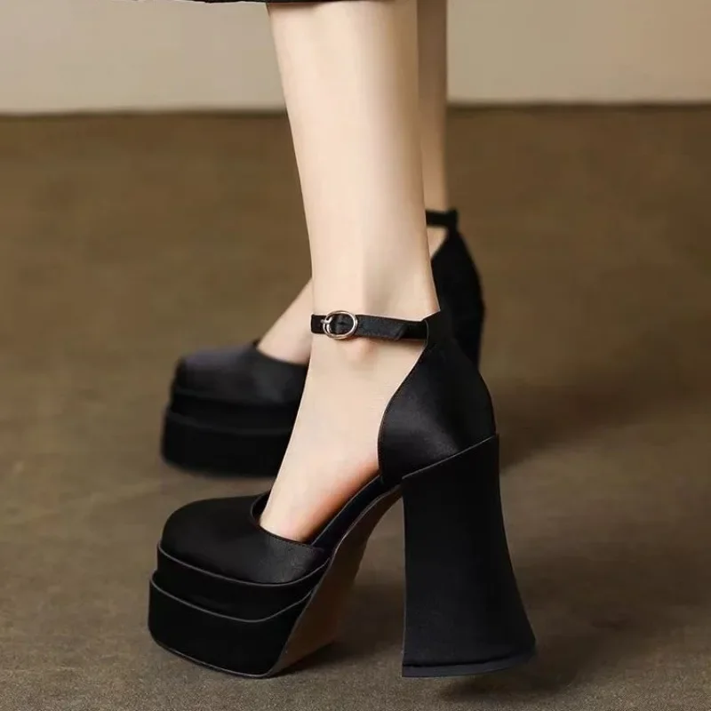 Super High Heel Party Modern Sandals Buckle Strap Square Heel 2024 High Quality Ladies Shoes  Solid Shallow Fashion Sandals