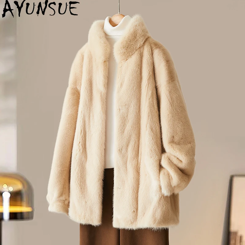 معطف فرو المنك الطبيعي من AYUNSUE ملابس حريمي معطف فرو حقيقي فاخر للنساء من المينك بالكامل جديد في معاطف الشتاء سترة شুবা Жénska