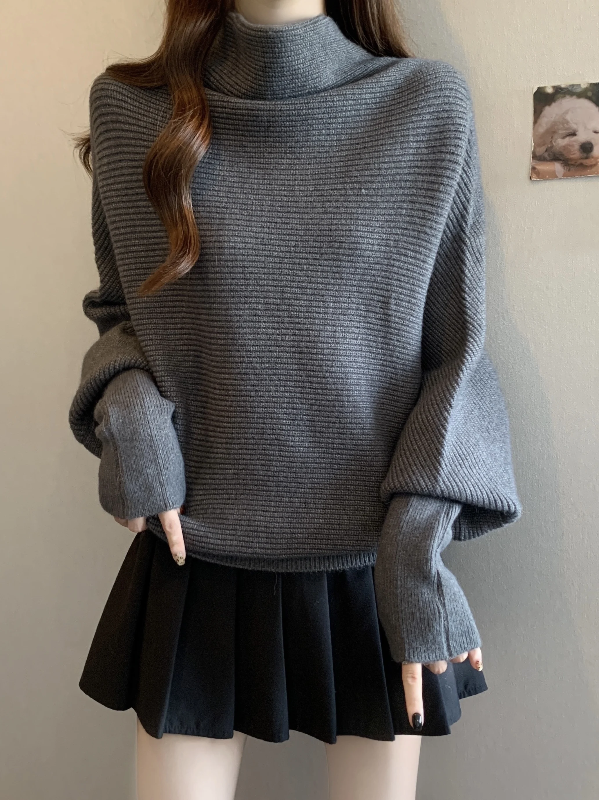 

Свободный вязаный свитер с высоким воротником и рукавами «летучая мышь» для женщин, осенне-зимний, больших размеров, скрывающий живот, верхняя одежда, свитер с воротником-хомутом