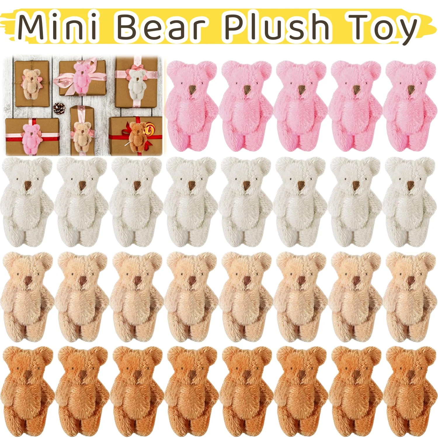 

24-100Pcs Mini Bear Plush Toy Tiny Bear 2.36 Inches Mini Joint Tiny Soft Doll Stuffed Animal Toys for Birthday Cake Wedding Gift