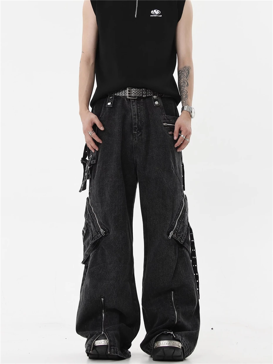 Zipper Design Jeans Mens Streetwear Punk Y2k Denim Trousers Men Harajuku Side Pockets Baggy Hip Hop Wide-leg Pants Male