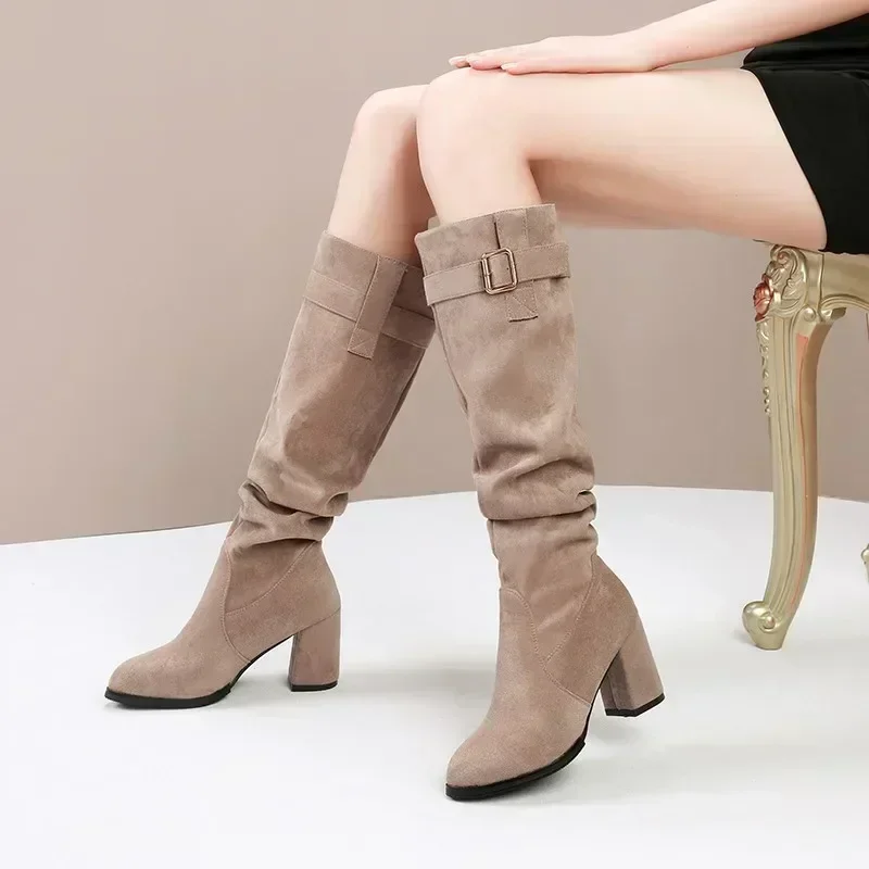 

Women's Fashionable Mid-calf Boots Suede Square Heel Brown Long Boots Breathable Sexy Outdoor Leisure Shoes for Women 2024 New