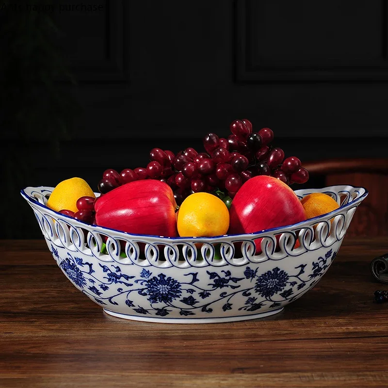 

Chinese Style Blue and White Ceramic Fruit Plate Ingot Shaped Dinner Plate Refreshment Tray Snack Tray Salad Bowl Fruit Dish