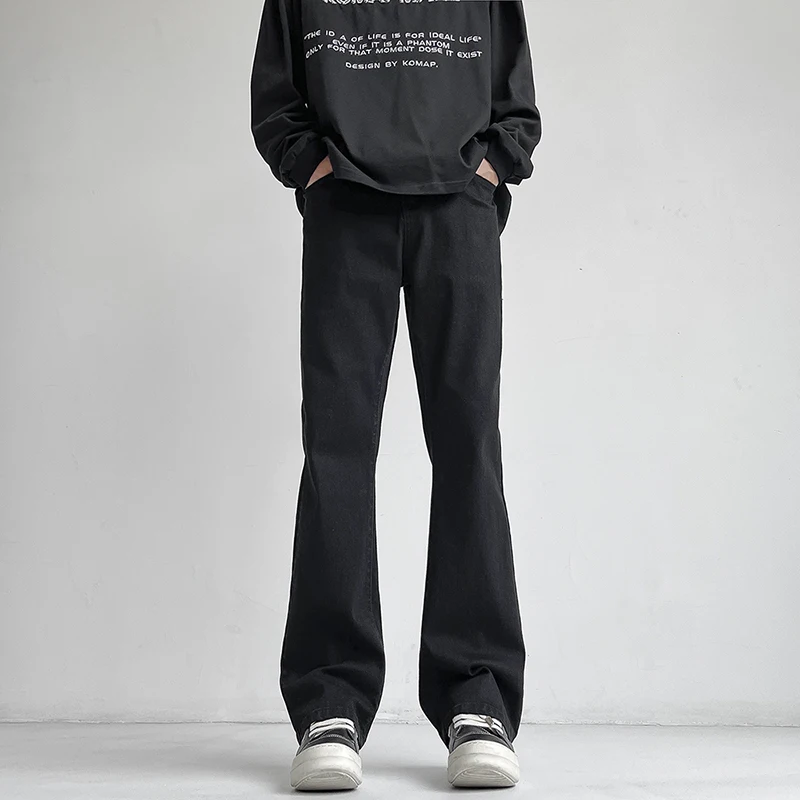 Autumn Vintage Straight Wide Legs BLACK Jeans Men\'s Streetwear Harajuku Washed Baggy Casual Flare Denim Trousers Y2K Male Pants