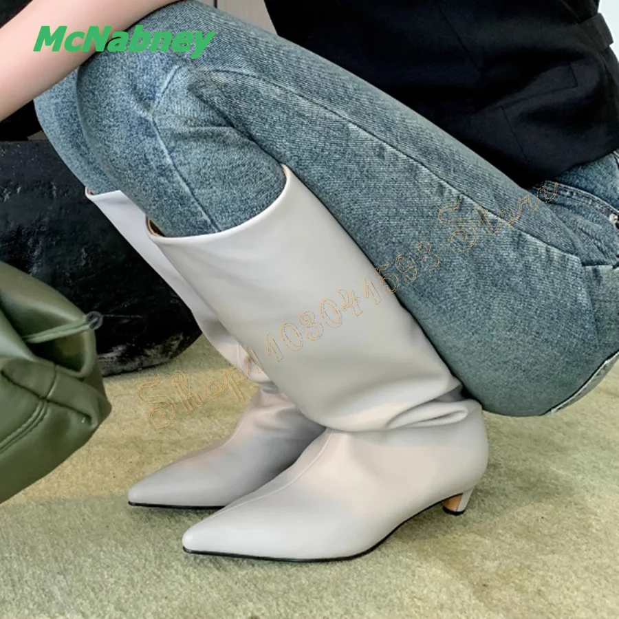 Pointed Toe Leather Straight Boots,Low Heel Knee Boots Fashion Camping Party Women Boots Plus Size 2024 New Zapatos Para Mujere