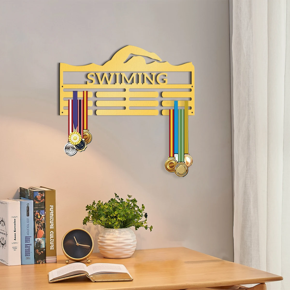 1 interesting personalized customization item swimmer Wall mounted trophy display rack, advanced metal adjustable hook, sports - view 4