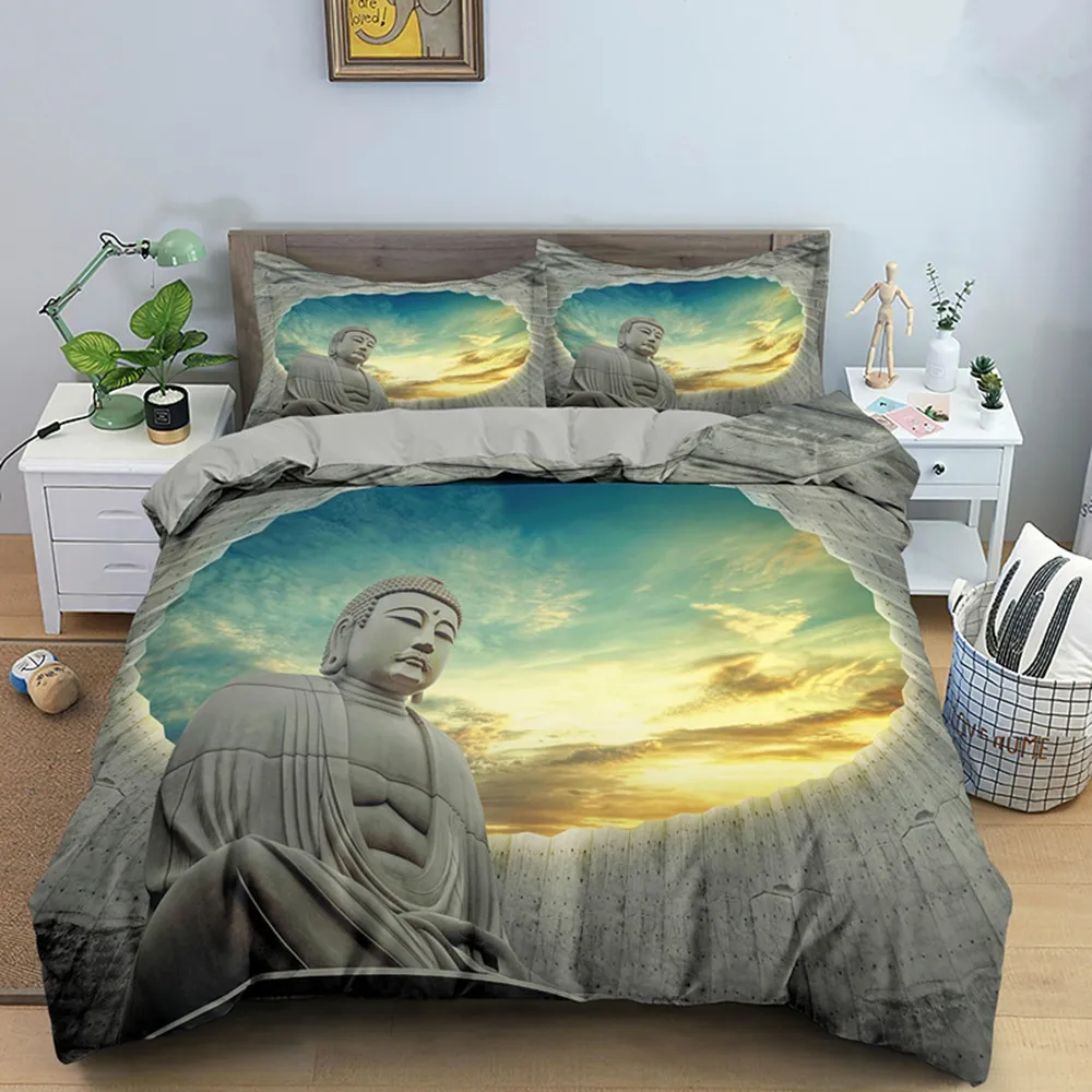 

Buddha Duvet Cover Set Microfiber Buddha Statue Exotic Ethnic Bohemian Bedding Set for Buddhist Devotees Double Queen King Size