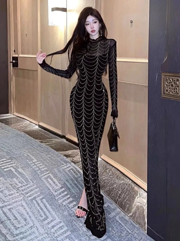 Topenomi Sexy Mesh Diamonds Night Evening Dresses Women Long Sleeve High Waist Slim Fit Floor Length Banquet Party Vestidos 2024