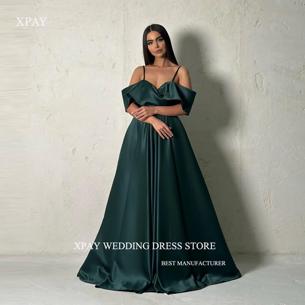 XPAY-vestido de noche verde oscuro para mujer, traje Sexy de satén con tirantes finos y hombros descubiertos, estilo árabe de Dubái, largo hasta el suelo, Formal, para fiesta y graduación