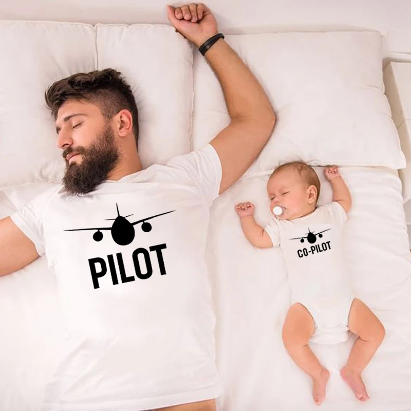 Funny Pilot/Co-pilot Print Family Matching Outfits Father and Son Matching Shirts Daddy and Me Family Look Tshirt Baby Clothes