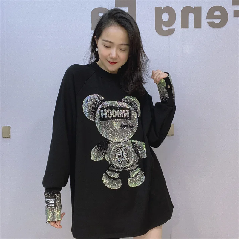 Women Cartoon Bear Hot Diamond T-shirt Loose Long Sleeved Oversized Top T-shirt Thickened Street Harajuku o-Neck T-shirt