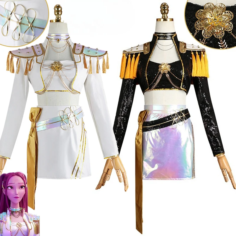 

In Stock S-3XL Huntrix Mira Cosplay Costume Wig Movie K-Pop Demon Hunters Cosplay Black/White Golden Uniform Halloween for Women