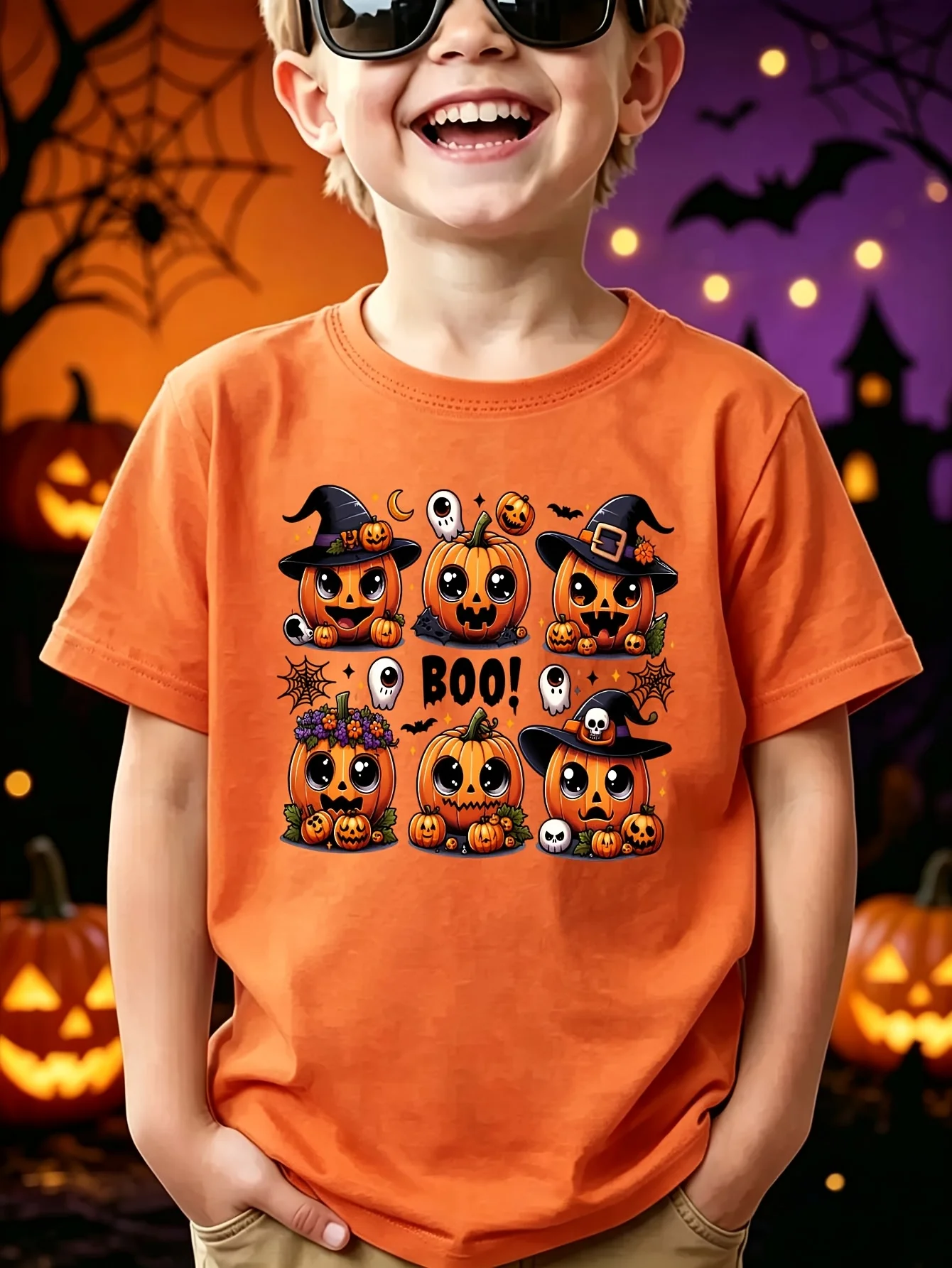 Kids Boys Girls Parent Child Matching Tee Halloween Boo Pumpkin Witch Hat Graphic Print Short Sleeve Crew Neck Soft Daily Tee