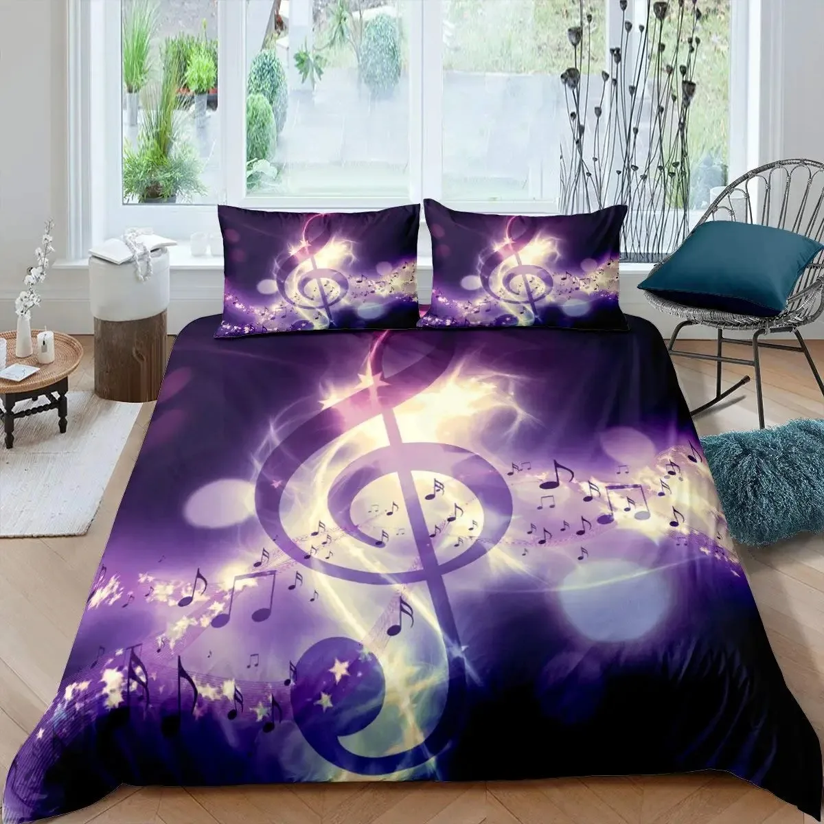 

Music Notes Duvet Cover Set Queen Size Purple Musical Theme Bedding Set Gold Shiny Pattern Comforter Cover For Kids Girls Adult