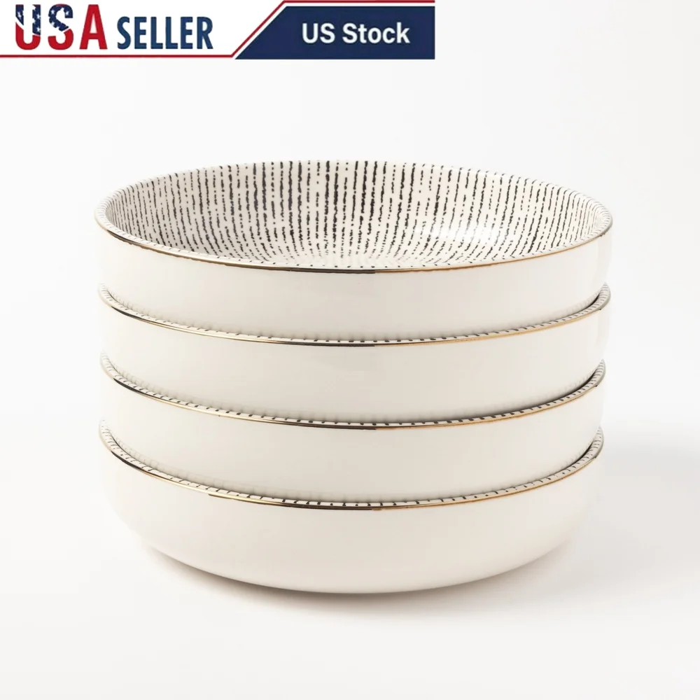 

Elegant Stoneware Low Bowls Set of 4 Durable Dishwasher Safe Ideal Salads Pasta Soups Modern Design Versatile Use