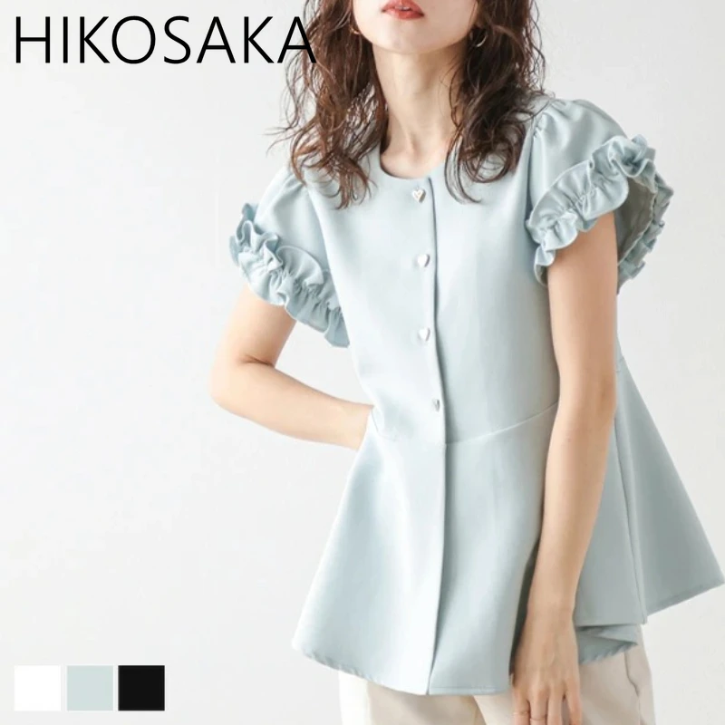 

O-neck Single Breasted Solid Simple Top Pleated Fungus Patchwork Sweet Short Sleeve Blouses Shirts Japan Style Chic Blusas