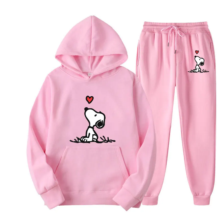 Snoopy Cartoon Anime Women Sweatshirt Sweatpants Set 2024 Fashion Men Pullover Pants Suit Spring Autumn Couple Hoodie Pant Sets