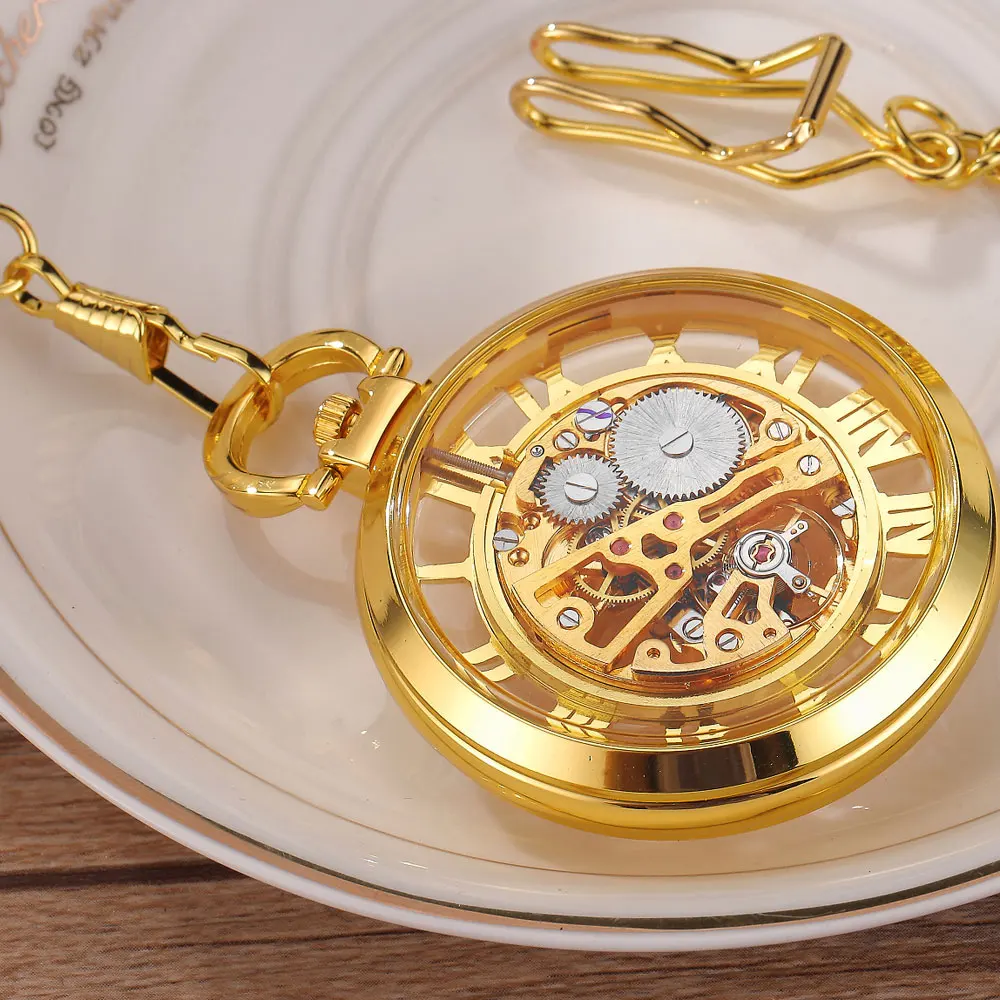 Vintage Hollow Mechanical Pocket Watch Hand-winding Luminous Necklace Pendant Steampunk Skeleton Men Women Chain Gift Clock