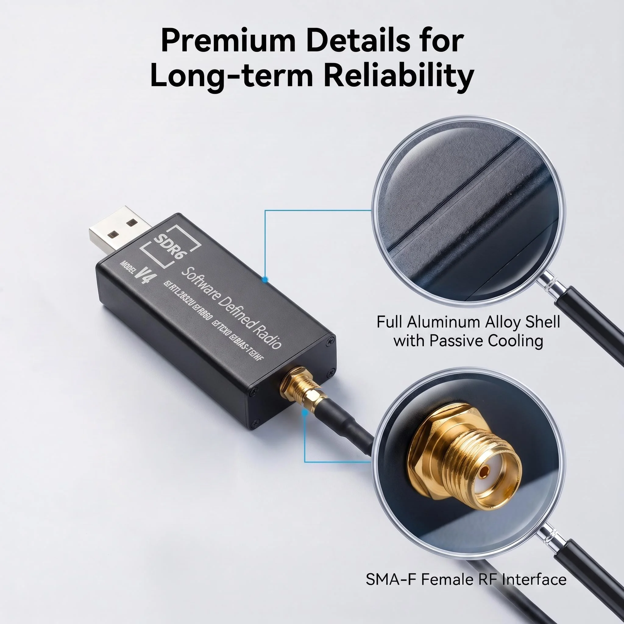 HTOOL RTL-SDR Neuester V4 Software-Definierter Funkempfänger R860 RTL2832U 1PPM TCXO HF BiasT SMA Software-Definiertes Radio + Antenne – Detail 5