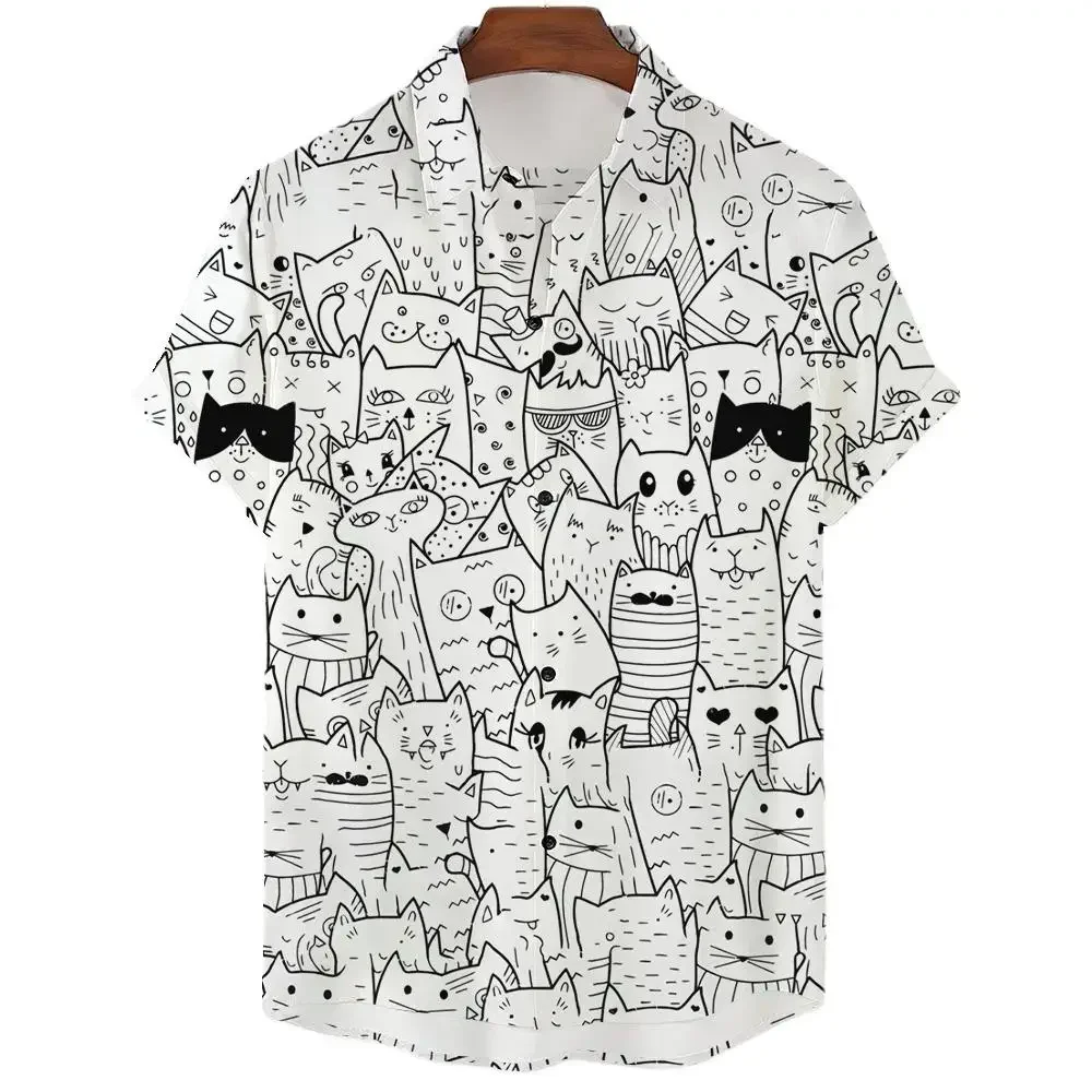 2023 Anime Cartoon Shirt For Men 3d Print Animal Cat Oversized Men\'S Shirt Casual Short Sleeve Daily Hawaiian Shirt Top Summer