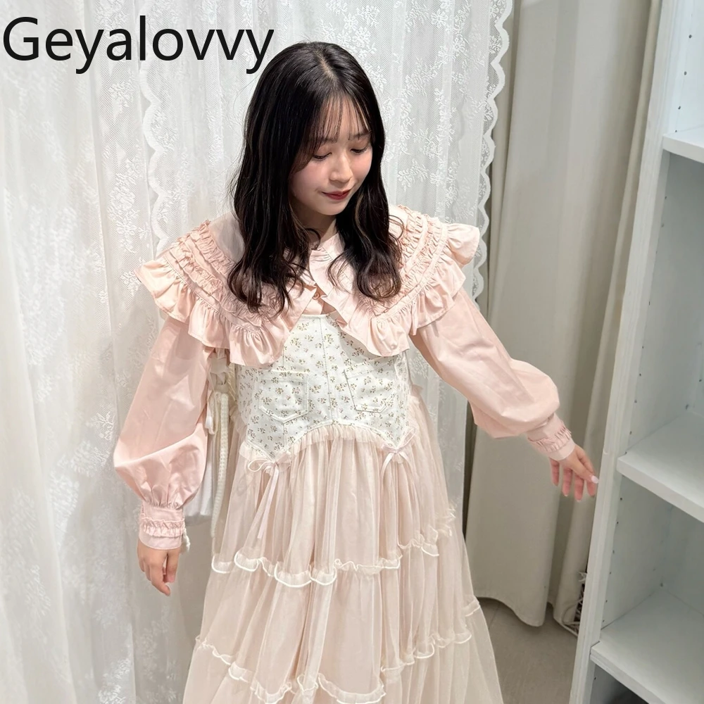 

Sweet Japanese Style Ruffled Edge Girls Tops Large Lapel Puff Sleeve Autumn Winter Layered Solid Color Women's Long Sleeve Shirt