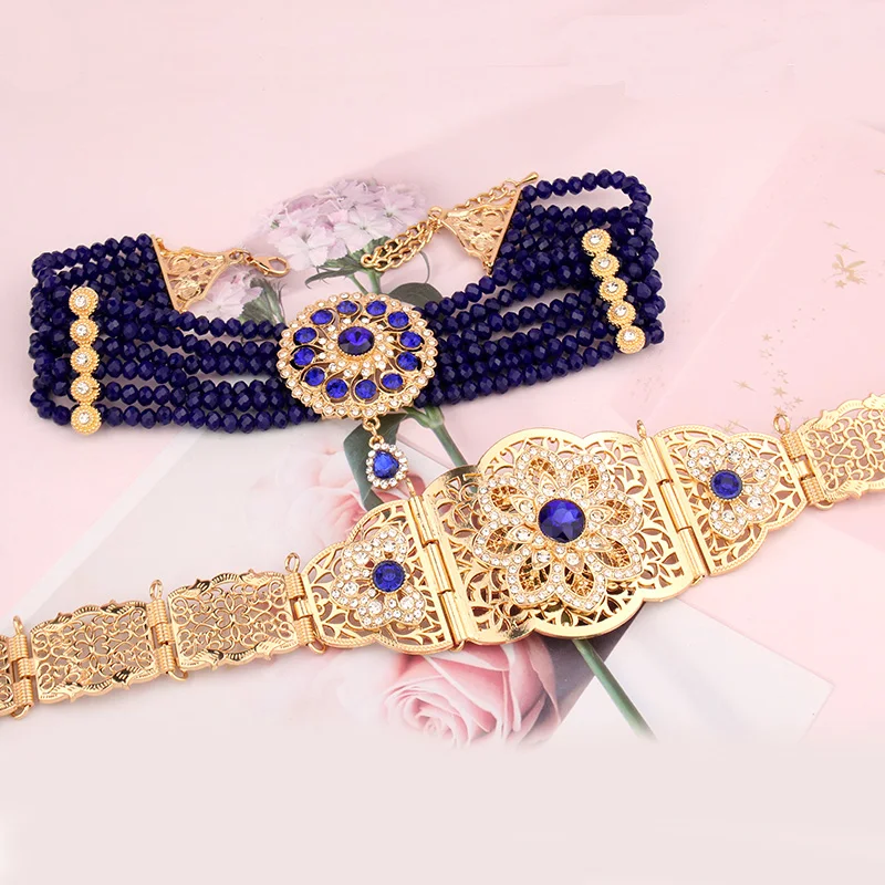 Luxury Gold Plated Moroccan Kftan Wedding Jewelry Set for Bridal Choker Necklace and Belt Set Conjunto De Joyeria Para Mujer