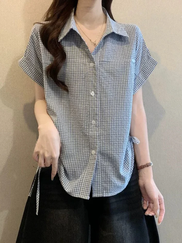 

Light Blue Plaid Short Sleeve Shirt Women's Summer New Large Size Sweet And Salty Drawstring Top Korean Style Commute Wind