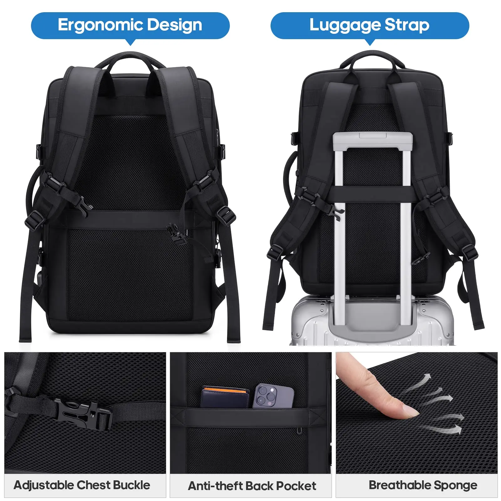 Imagem -05 - Mochila de Viagem para Homens e Mulheres Expansível Resistente à Água Mochila para Laptop de 17 Polegadas Mochila Casual Aprovado em Voo 37l