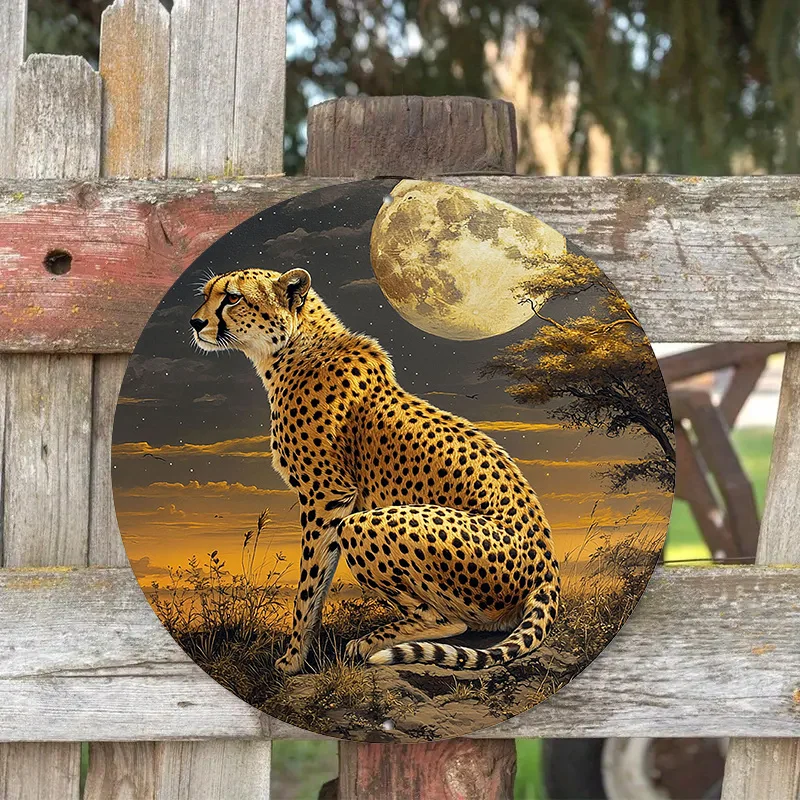 2D Flat Savannah Cheetah Full Moon Round Metal Sign, African Wildlife Cheetah Sunset Acacia Tree Circular Tin Sign, Lodge Cabin